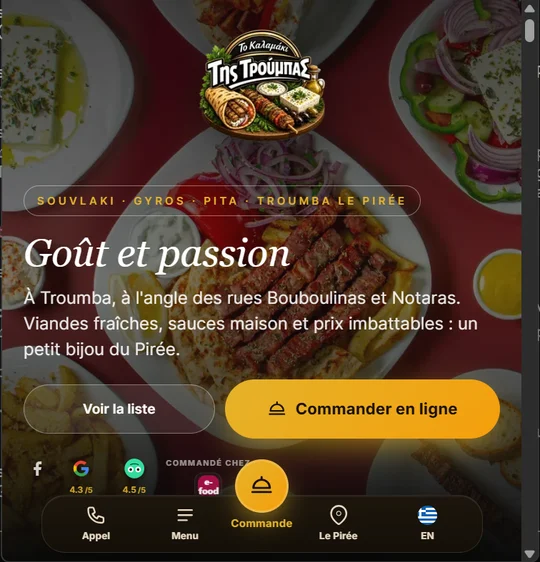 A página inicial de um verdadeiro site de restaurante no telemóvel